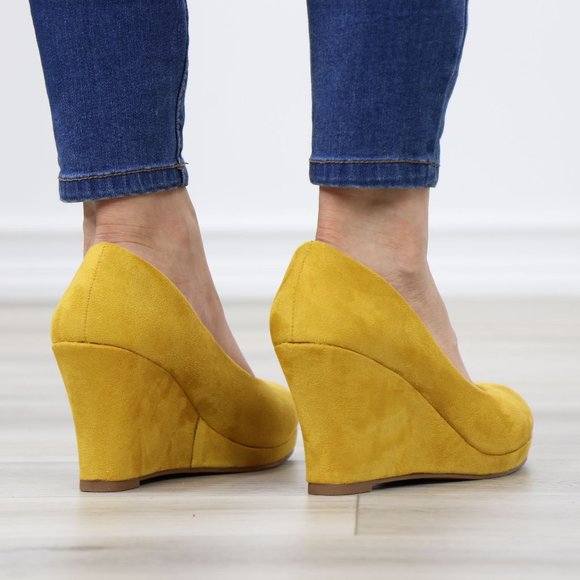 Mustard Faux Suede Close Round Toe Wedge High Heel - Picture 7 of 11